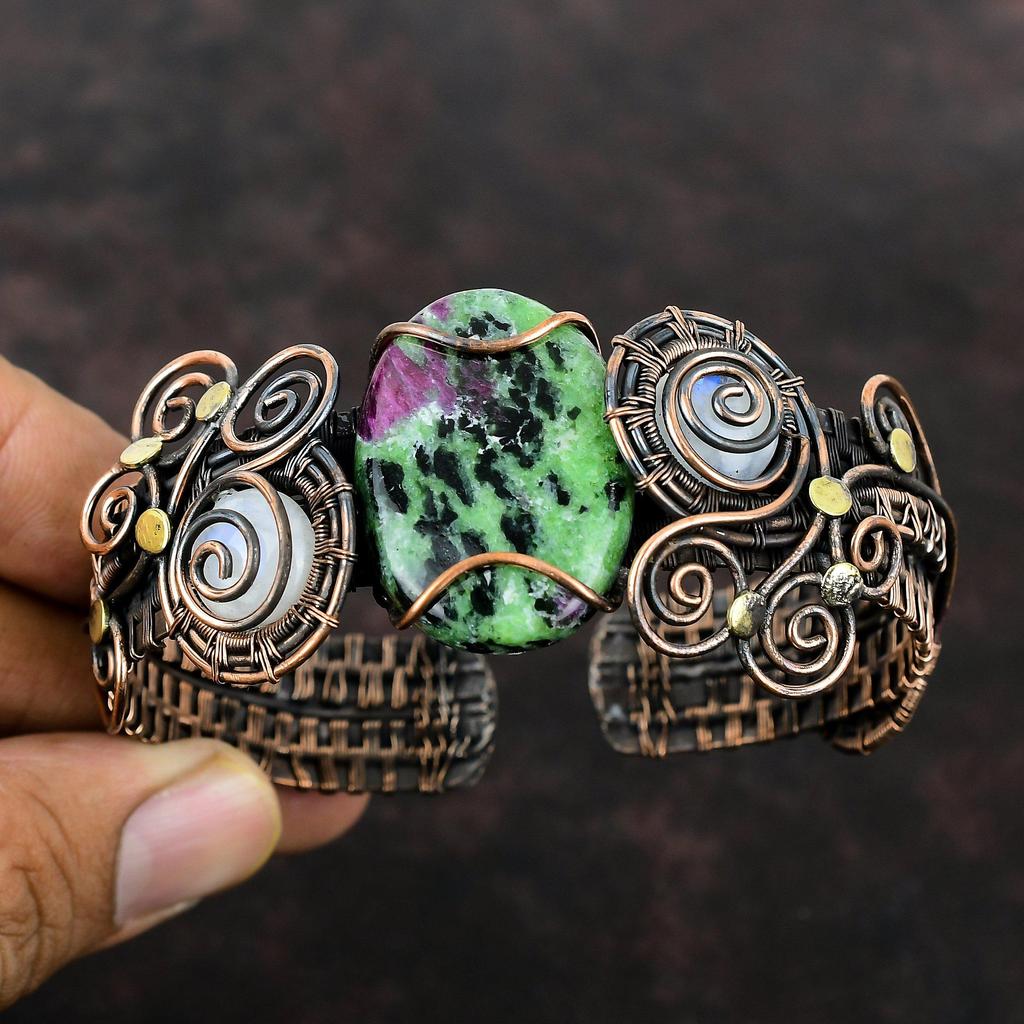 Ruby Zoisite Cuff Bracelet Copper Wire Wrapped Gemstone Cuff Rainbow Moonstone Bangle Handmade Jewelry Adjustable Cuff Bracelet Gift For Mom