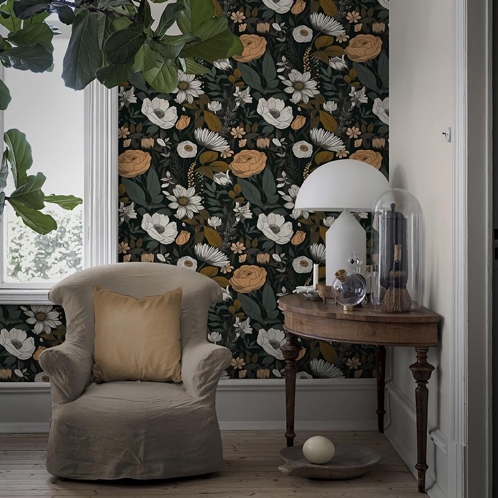 1 рулон Богемские цветочные розы на черном фоне Винтажная контактная бумага Съемная водонепроницаемая настенная плитка Декор для самоклеящихся обоев