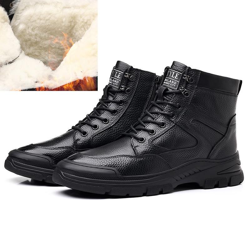 Fashion Natural Cow Leather Winter Boots Men Natural Wool Comfortable Non-Slip 2024 Warm Men's Snow Shoes