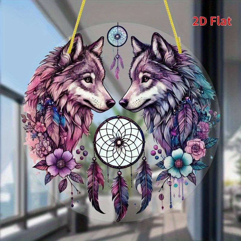 Wolf & Dream Catcher Ornament. 8x8 Inch Round Acrylic with Feathers & Flowers. A Perfect Gift.