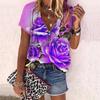 Женский топ, летний новый модный топ с цветком розы, повседневный топ с короткими рукавами и застежкой-молнией с v-образным вырезом и ярким розовым принтом