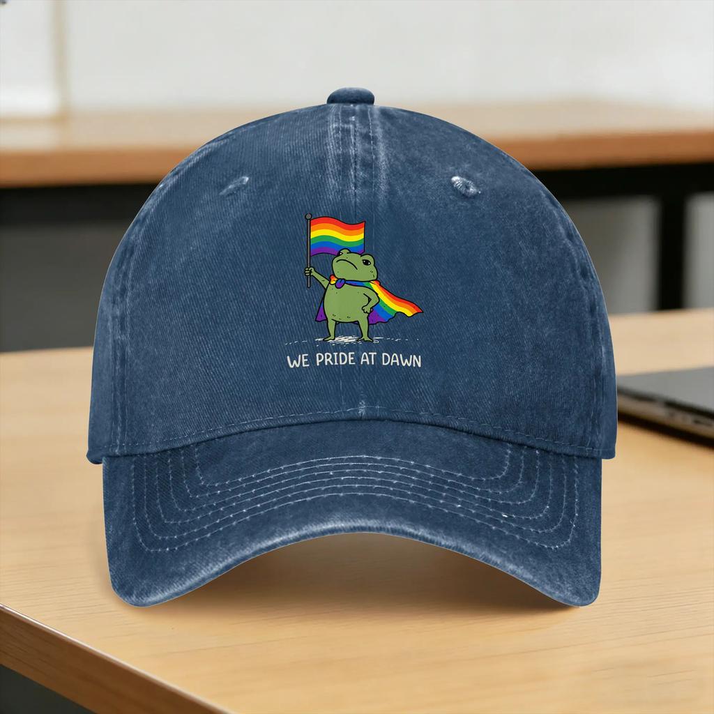 Funny Frog We Pride At Dawn Rainbow Flag LGBT Pride Month Baseball Cap Sun Outdoor Breathable Washed Trucker Hat Snapback Cap