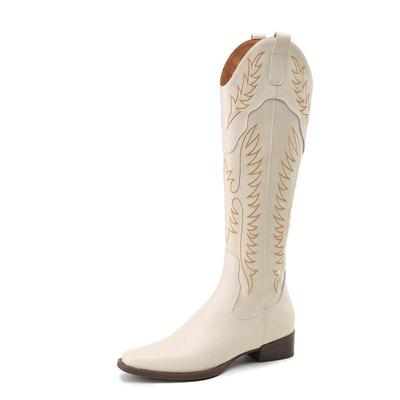 Зимние сапоги из коровьего спилка с круглым носком, толстые низкие каблуки, конные ботинки с вышивкой, женские высокие сапоги до бедра без шнуровки