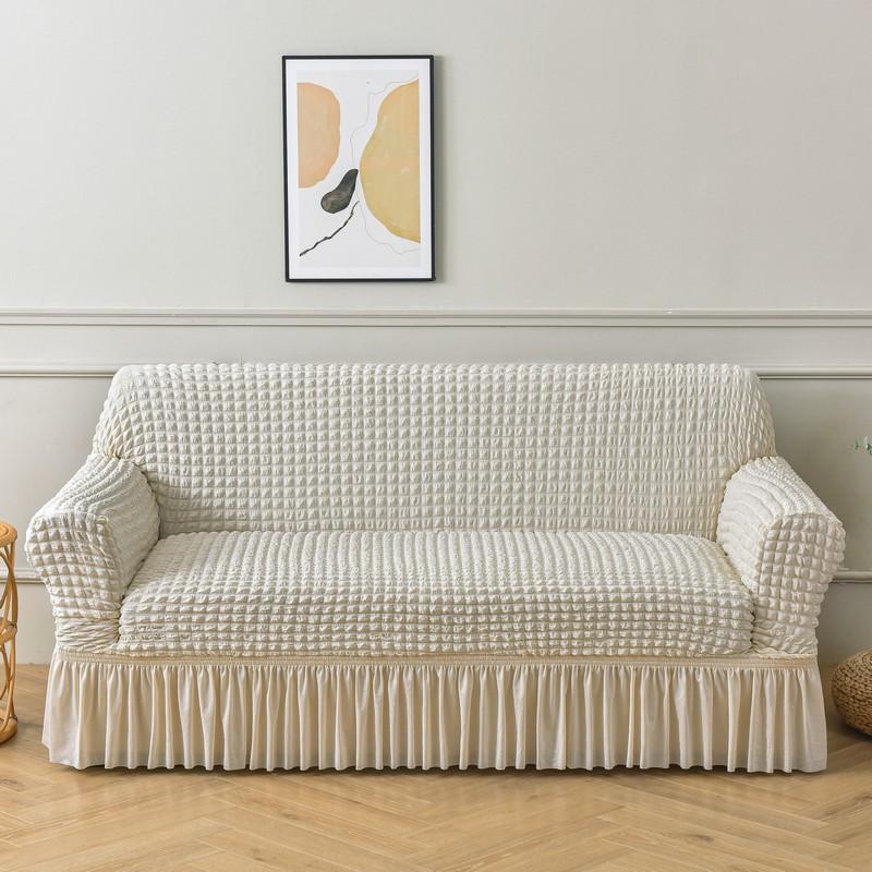 Solid Color Seersucker Sofa Cover with Skirt, Full Coverage, Non-Slip, Dustproof, Stretch Sofa Slipcover for Couch with Armrests