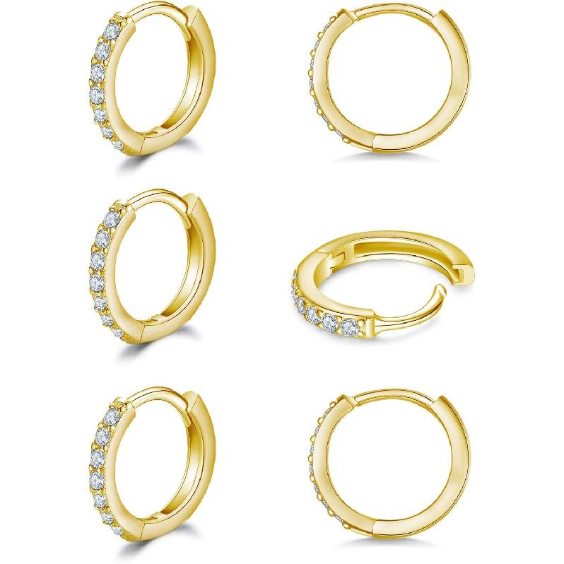 3 Pairs 925 Sterling Silver Small Hoop Earrings for Women Men | Cubic Zirconia, 14K White Gold Plated Huggie Hoop Earrings, Hypoallergenic