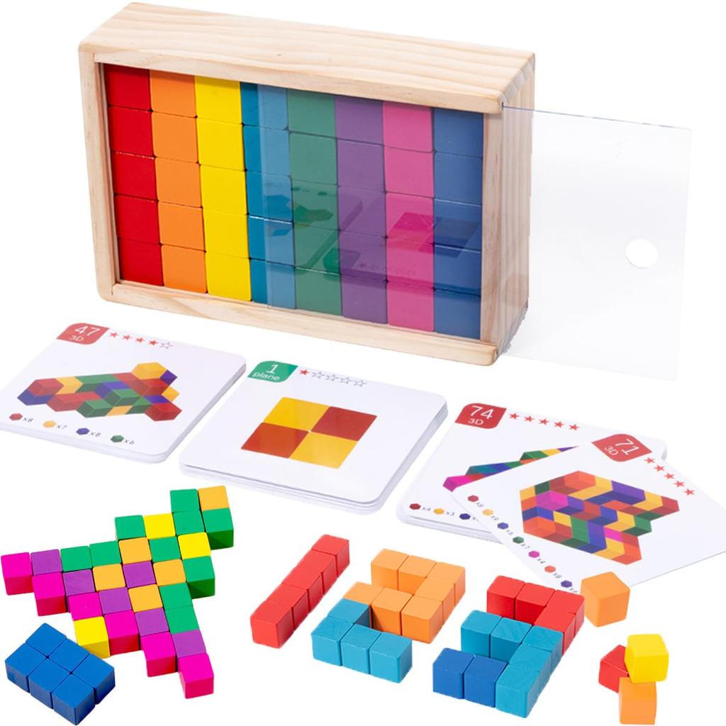 Bajoy Building Brain Educational Spatial Mathematics 3D Wooden 80 PCS Large 40 Themed Wooden Storage Case Gift for Ages 3 and Up for Elementary School