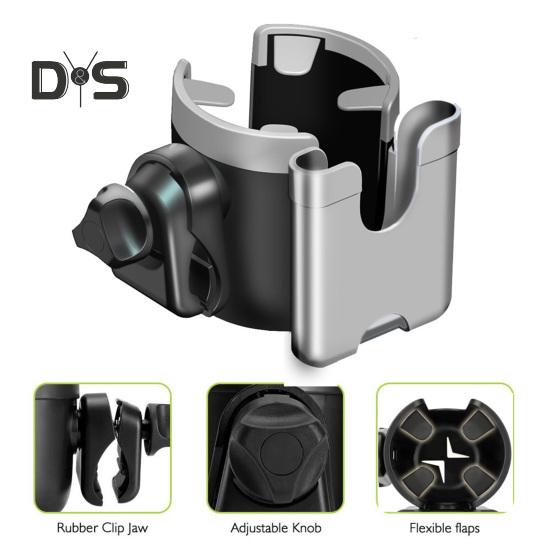 Stroller Cup Holder with Phone Mount 360 Degrees Rotating Universal Bottle Holder Stroller Drink Caddy for Bike Wheelchair Walker