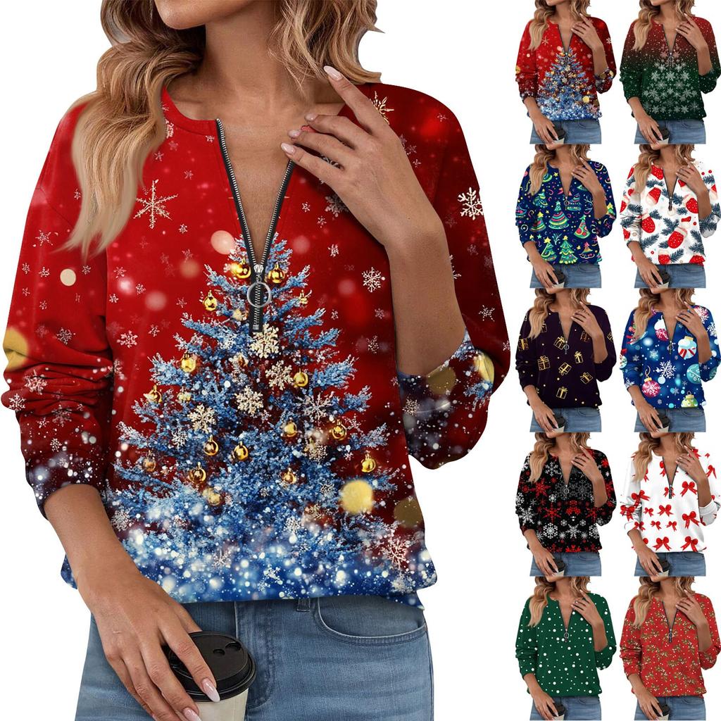 Women Casual Long Sleeve Basic Quarter Zipper Print Flowers Pullover Sweatshirts Casual Top Fall Clothes