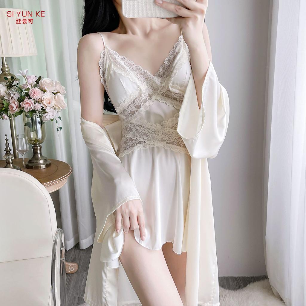 New French lace suspender nightdress women's summer ice silk two-piece set sexy temptation V-collar loungewear set can be outside
