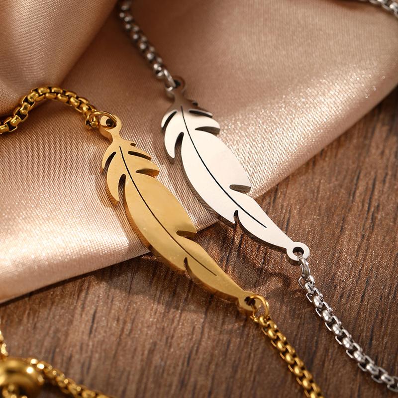 Stainless Steel Feather Pendant Bracelet for Women Men Punk Hip Hop Metal Ball Widen Chain Adjustable Hand Chain Fashion Zircon