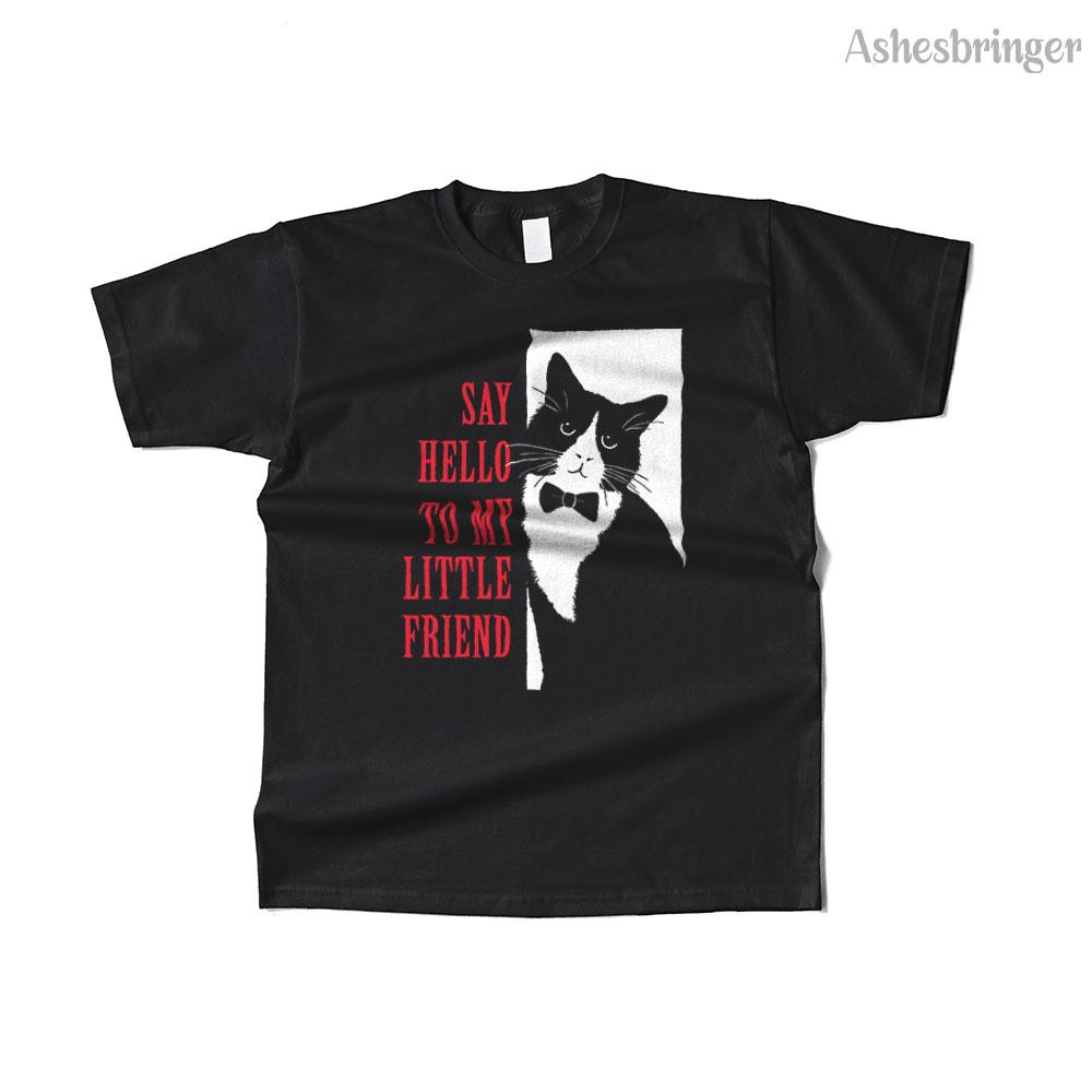 Unisexs Cotton Hello Little Friend Graphic Funny Cat T Shirt Street Casual Style Tee for Unisex and Women