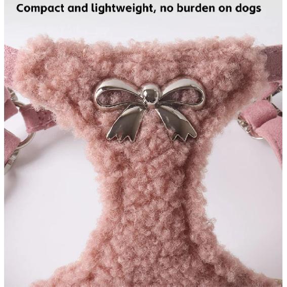 Cozy Faux Shearling Dog Harness Leash Set with Metal Bow - Adjustable Soft Vest for Small Dogs, Winter Pet Harness Vest
