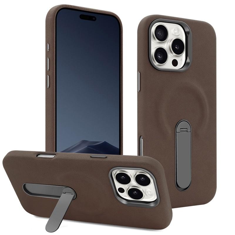 Premium Leather Magnetic Attraction Case For iPhone 15 16 Pro Max 360 Hidden Metal Phone Holder Business Suede Kickstand Cover
