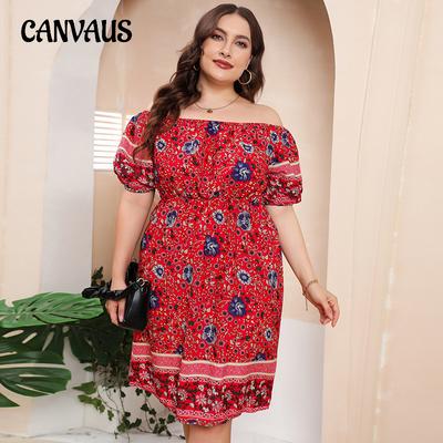 Летнее женское платье больших размеров, богемные красные платья с принтом, свободные короткие платья с одним вырезом