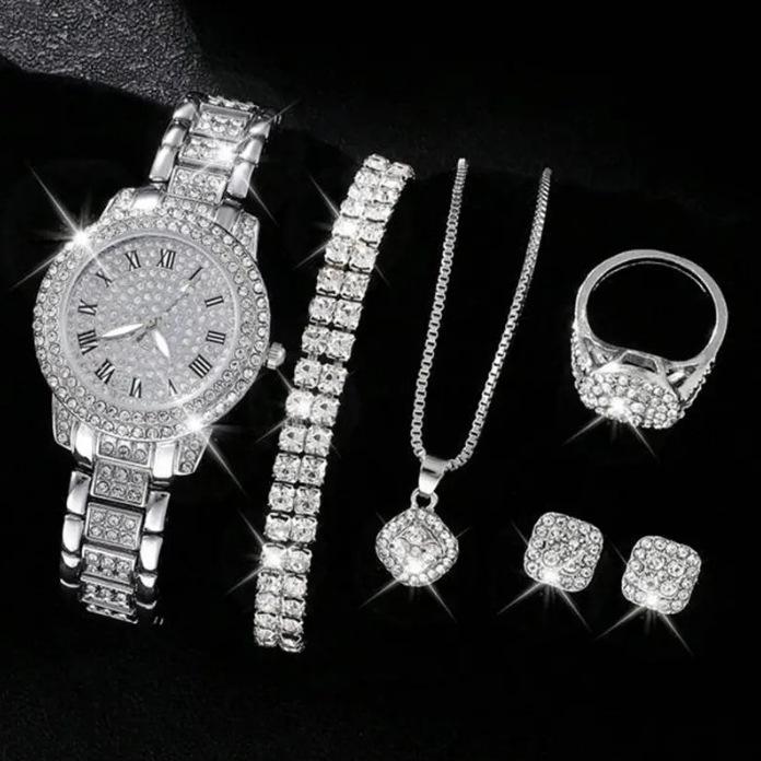 Popular Light Luxury Diamond-Encrusted Fashion Watch Women'S Quartz Watch Love 6-Piece Jewelry Combination Set