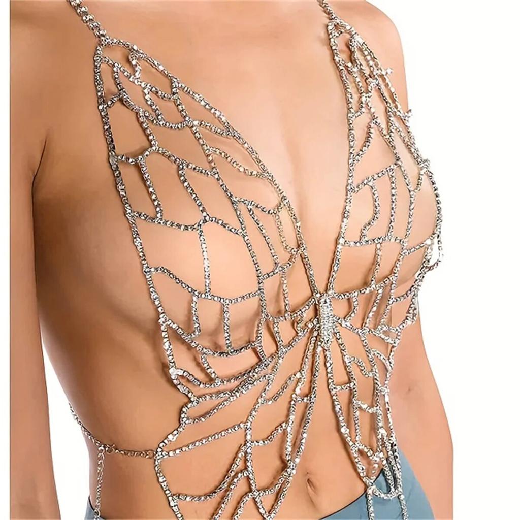 Sexy One-piece Hollowed Out Rhinestone Thoracic Chain Fashion Personality Butterfly Bra Body Chain Accessories