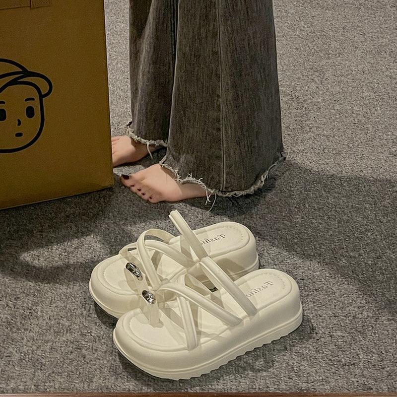 Cool Slippers Women's Outer Wear Summer New Thick-soled Heightening Small Beach Shoes Muffin Bottom Cover Toe Half Slippers