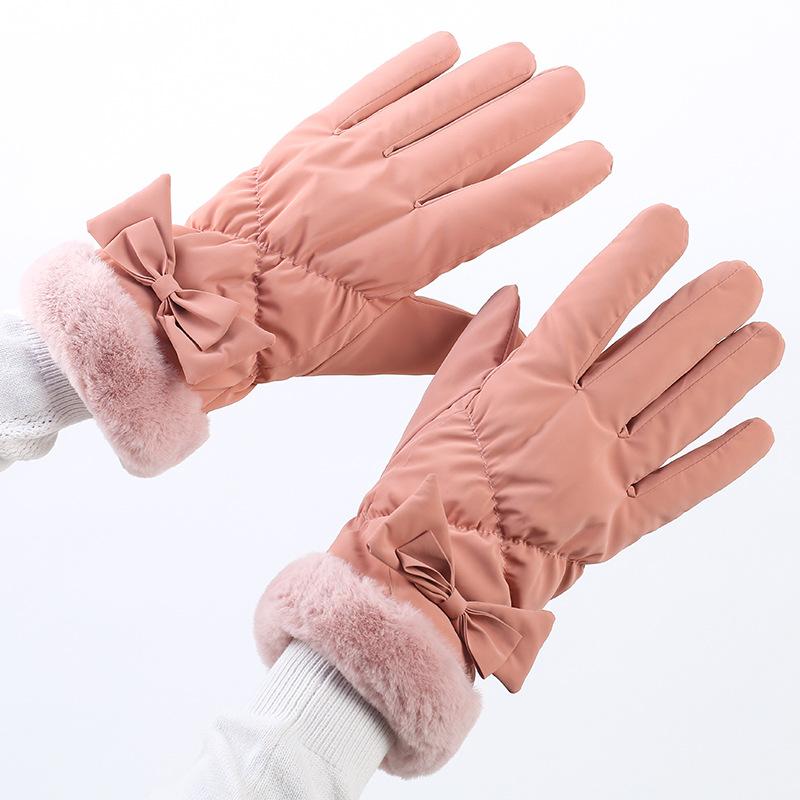 Winter Warm Gloves for Women with Velvet Waterproof Windproof Outdoor Cycling Touchscreen Butterfly Knot Cotton Gloves