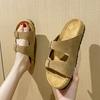 Fashion Genuine Leather Cork Slides Women Shoes Summer Double Belt Buckle Cow Suede Sandals Femme Beach Slippers Clogs Ladies Flip Flops