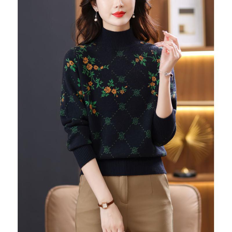 Autumn Winter Women's High Neck Knit Sweater Pullover Long Sleeve Knit Large Size Loose Knit Top