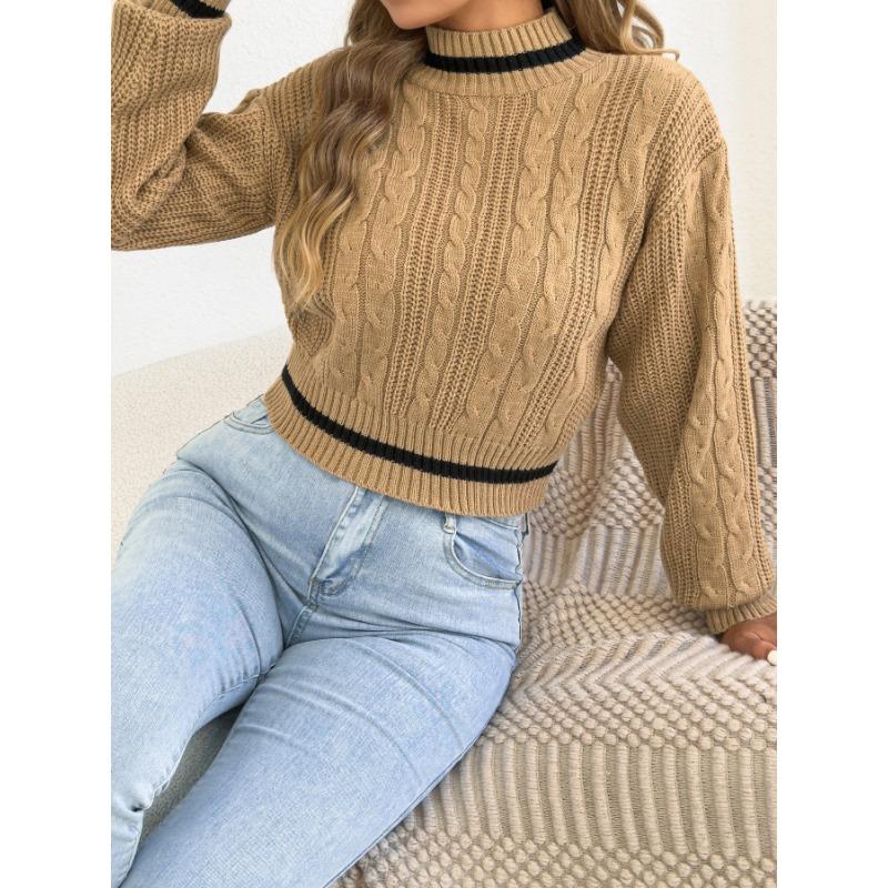 Women S Casual Color Block Half High Neck Waist Tightened Lantern Sleeve Sweater