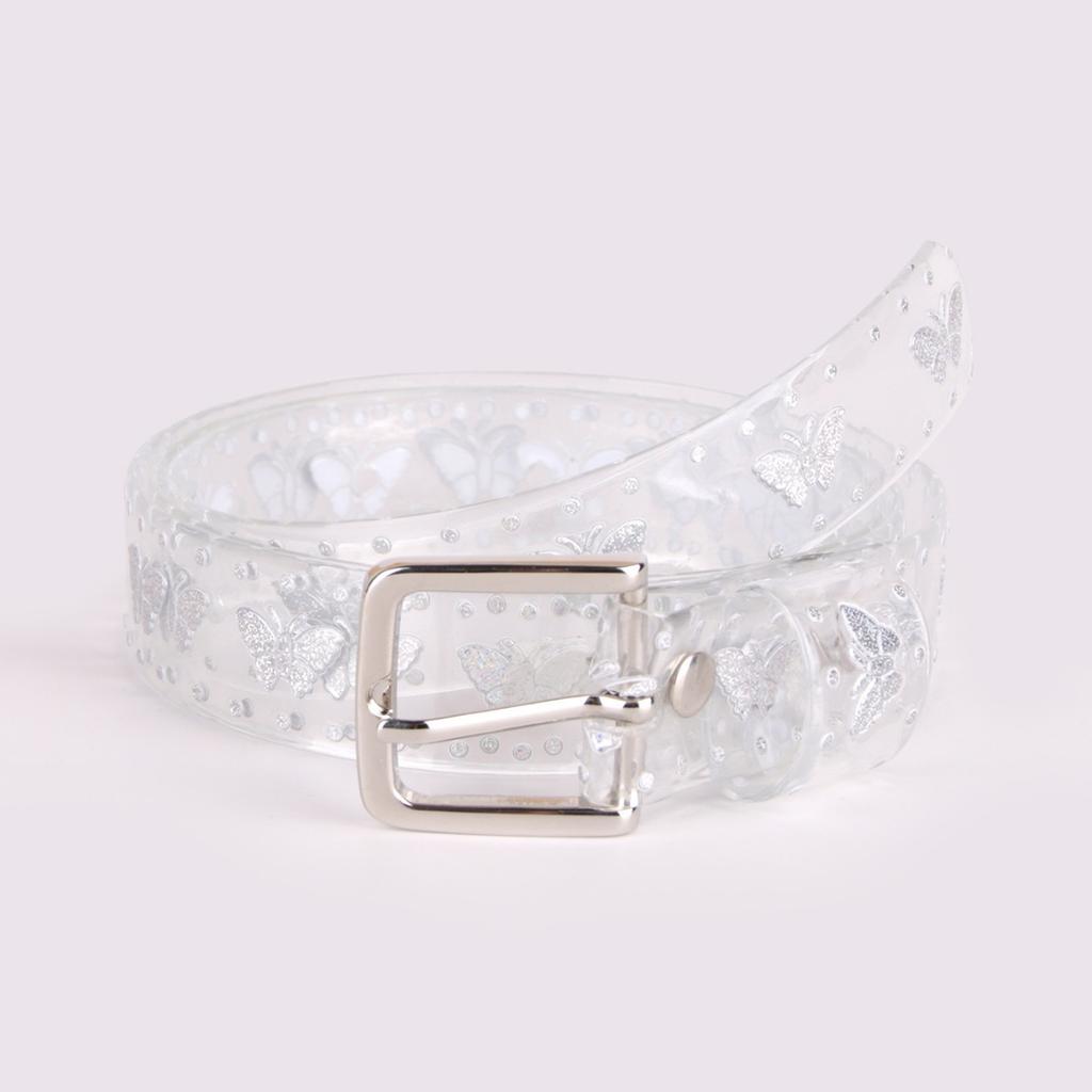 Прозрачный лазерный ремень для женщин, желейный ремень, пластиковый ремень, конфетный AB цвет, тиснение, украшение в виде бабочки, ПВХ тонкий ремень