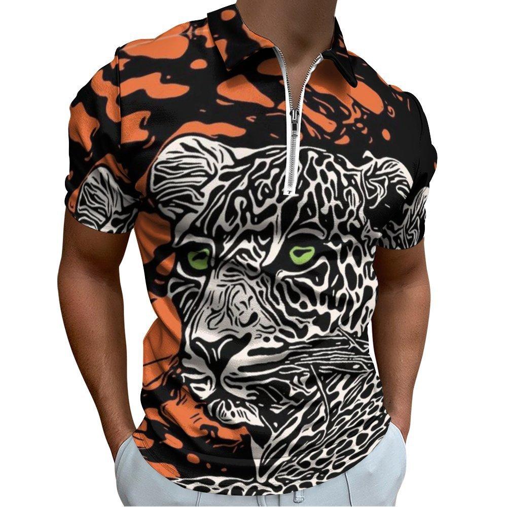 Zebra & Tropical Print Short Sleeve Zip-up Polo, Stylish Casual Top