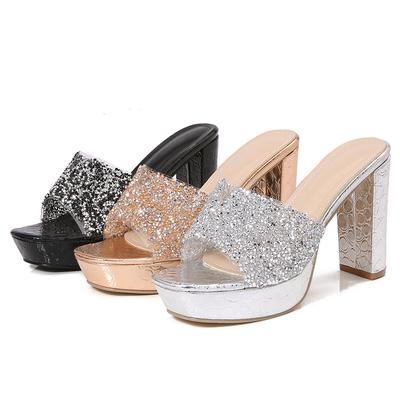 Бохо модные тапочки со стразами корейская версия толстой подошвы на высоком каблуке женские туфли