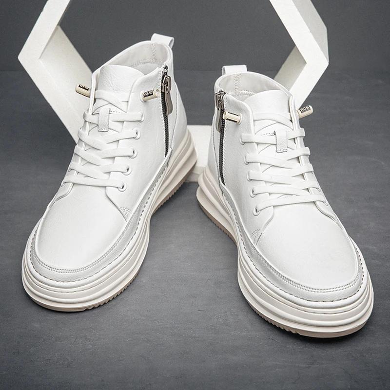 Новые мужские туфли из натуральной кожи, повседневная обувь, роскошные мужские ботильоны, толстые мотоциклетные ботинки, высокие мужские кроссовки белого цвета
