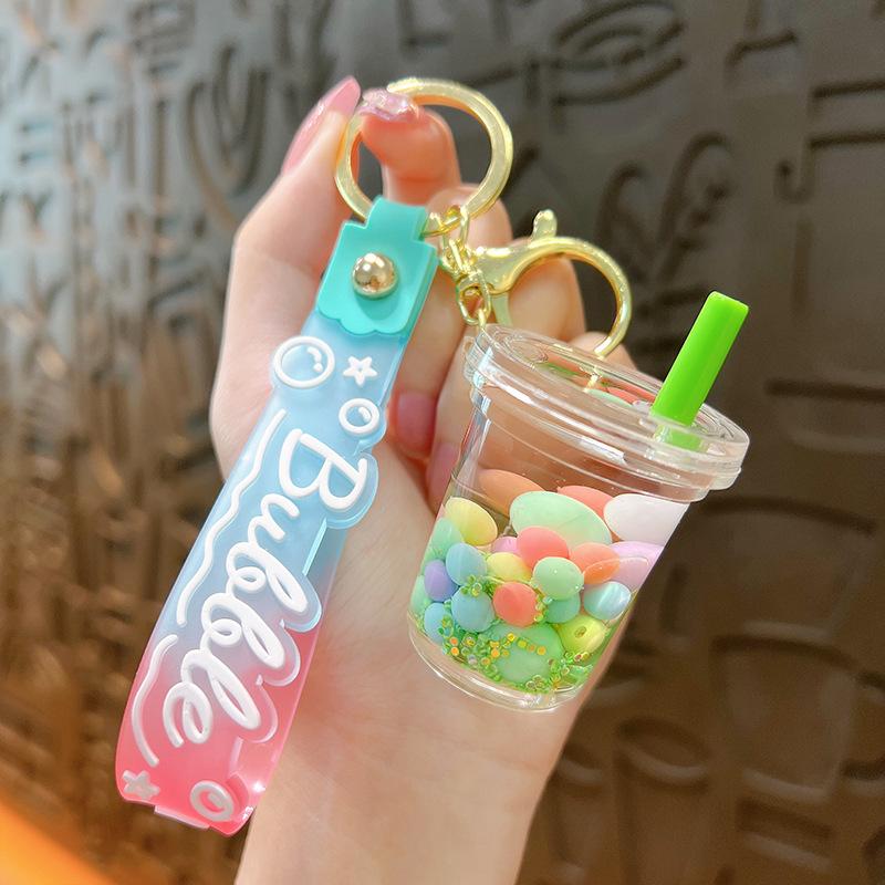 Изысканный милый брелок-цепочка для ключей 'Желейные бобы и молочный чай': Подвеска-мешочек с жидким песком Аксессуар Подарок