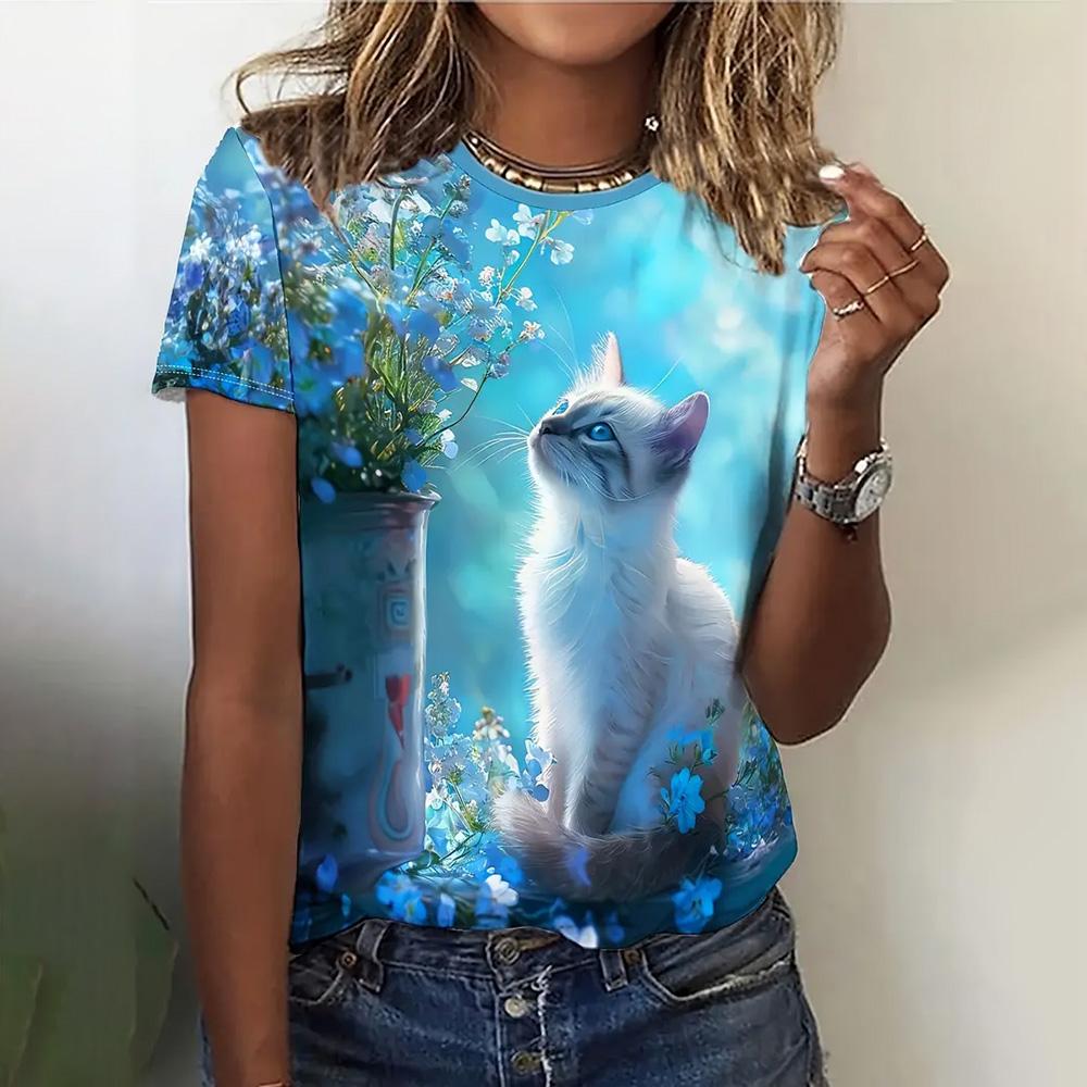 Женская мода 3D абстрактный рисунок кошки напечатаны короткие рукава топы 2024 новая женская одежда футболки летние свободные блузки и футболки
