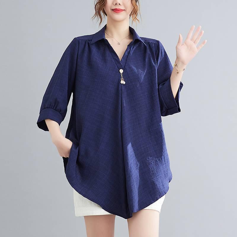 Летняя женская рубашка с короткими рукавами, элегантный V-образный вырез, нерегулярный хлопковый лен, удобный свободный повседневный дышащий топ
