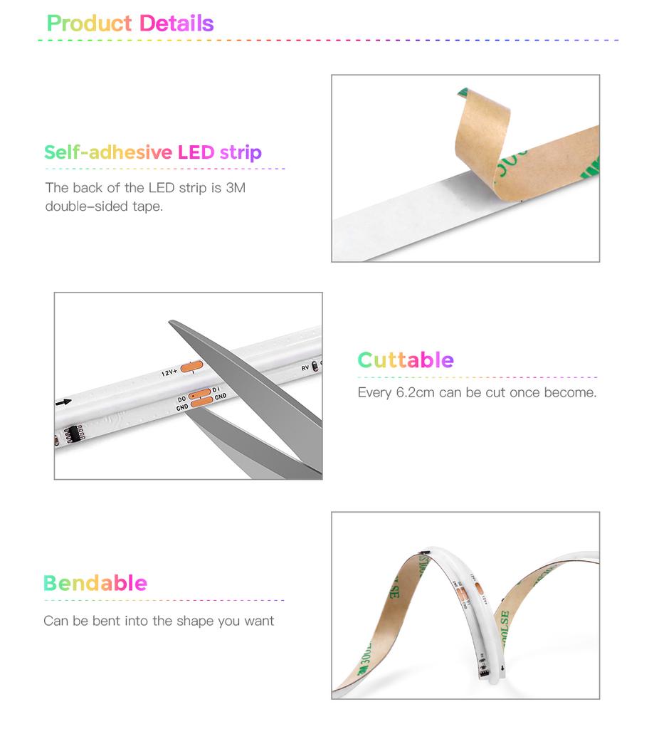 WS2811 COB RGBIC Светодиодная лента 576 светодиодов/м Адресный Dream Color DC12V WS2812B Высокогибкие лампы FOB COB RA90 1M 2M 3M 5M