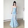 Blue Lace Mesh Suspender Dress Women's Summer Seaside Vacation Beautiful Fishtail Hip Dress