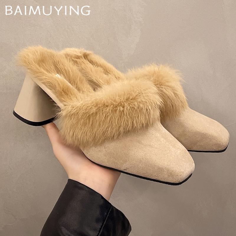 Квадратный носок толстые женские хлопковые тапочки замшевые меховые дизайнерские туфли на высоком каблуке 2025 тренд короткие плюшевые модные туфли-лодочки зимние женские туфли Zapatos