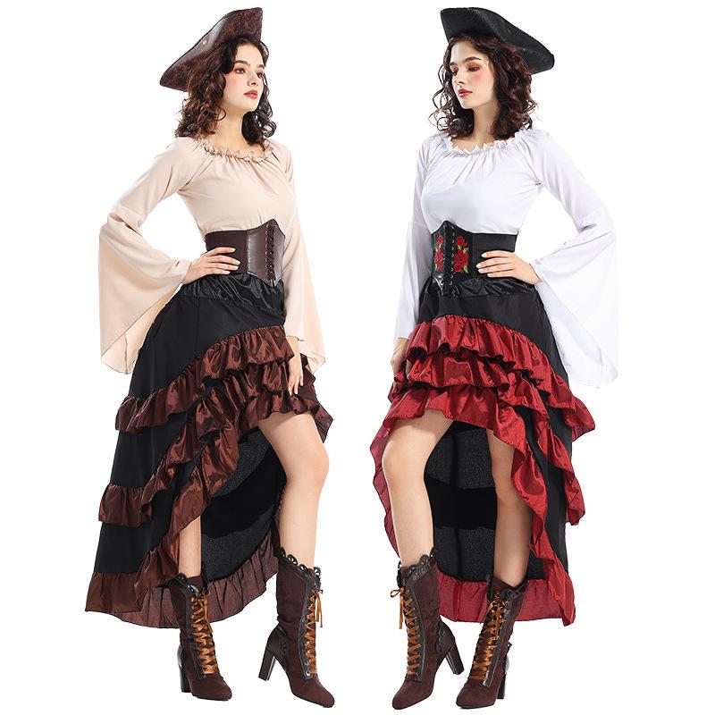 Pirate Queen Corset Dress with Ruffled Skirt Medieval Renaissance Halloween Cosplay Costume for Women, Fuchsia