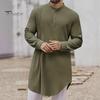 Мужской хлопковый льняной кафтан с длинным рукавом и круглым вырезом, однотонный халат с воротником на пуговицах, дышащая арабская одежда для молитв, повседневная одежда