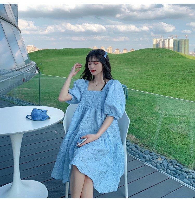 2023 Summer French Puff Sleeve A-Line Square Neck Dress for Women