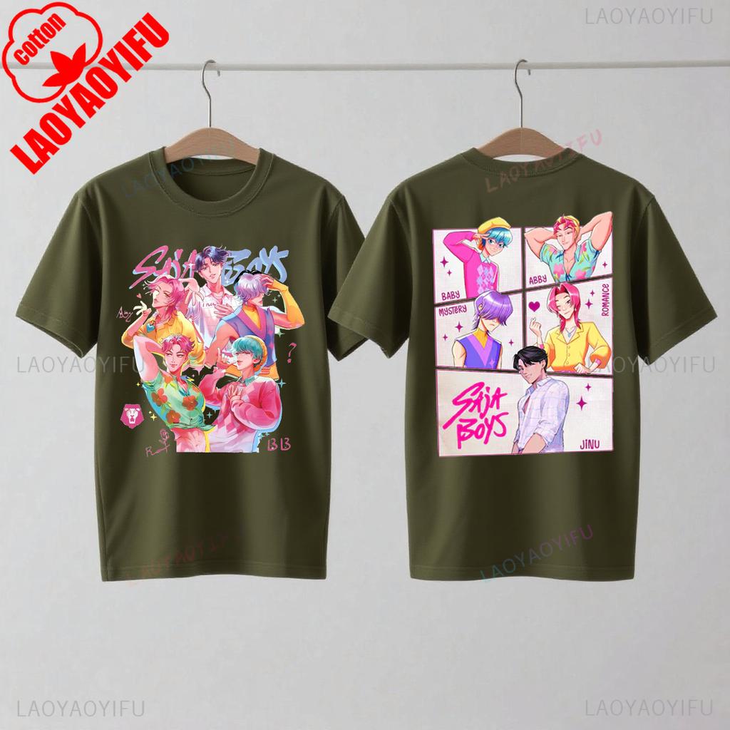Saja Boys Kpop Охотники на демонов Двусторонняя хлопковая футболка Huntrix Мерч Охотника на демонов Футболки Jinu Saja Эбби Тайна Романтика Малыш Саджа