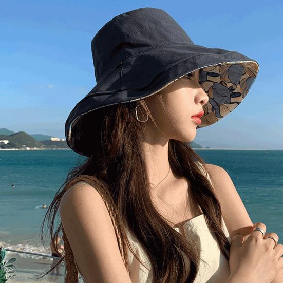 Bucket Hat Reversible Double-Sided Wearable Fisherman Hat with Large Brim Built-In Soft Steel Wire Adjustable Windproof Rope Sun Blocking Hat