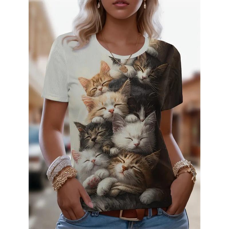 Летняя женская футболка с круглым вырезом, модная уличная футболка с коротким рукавом, 3D-принт с изображением кота, женская одежда больших размеров