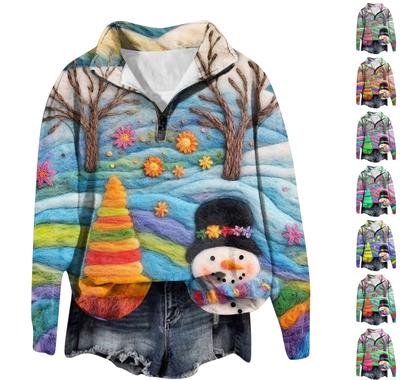 Рождественские толстовки для женщин, милый рождественский свитшот с 3D графическим принтом, большой пуловер на молнии с длинными рукавами и круглым вырезом, топы