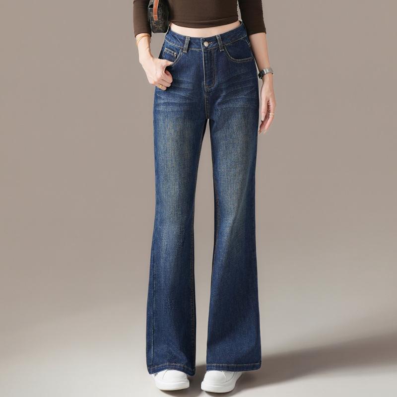 High-end retro micro-pull jeans women's new year-old thin elastic drape straight flared pants spring and autumn trousers