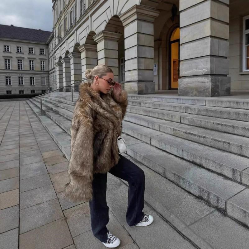 Short Faux Fur Coat Women Loose Warm Street Style Collared With Trim