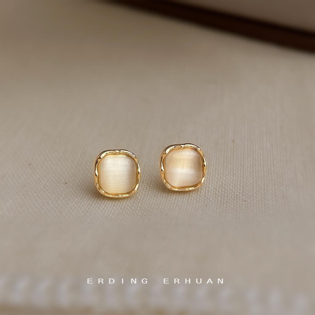 Серьги из стерлингового серебра 925 пробы с покрытием 14K, квадратные стеклянные опаловые серьги, серьги в стиле Ins, оптовая продажа серег