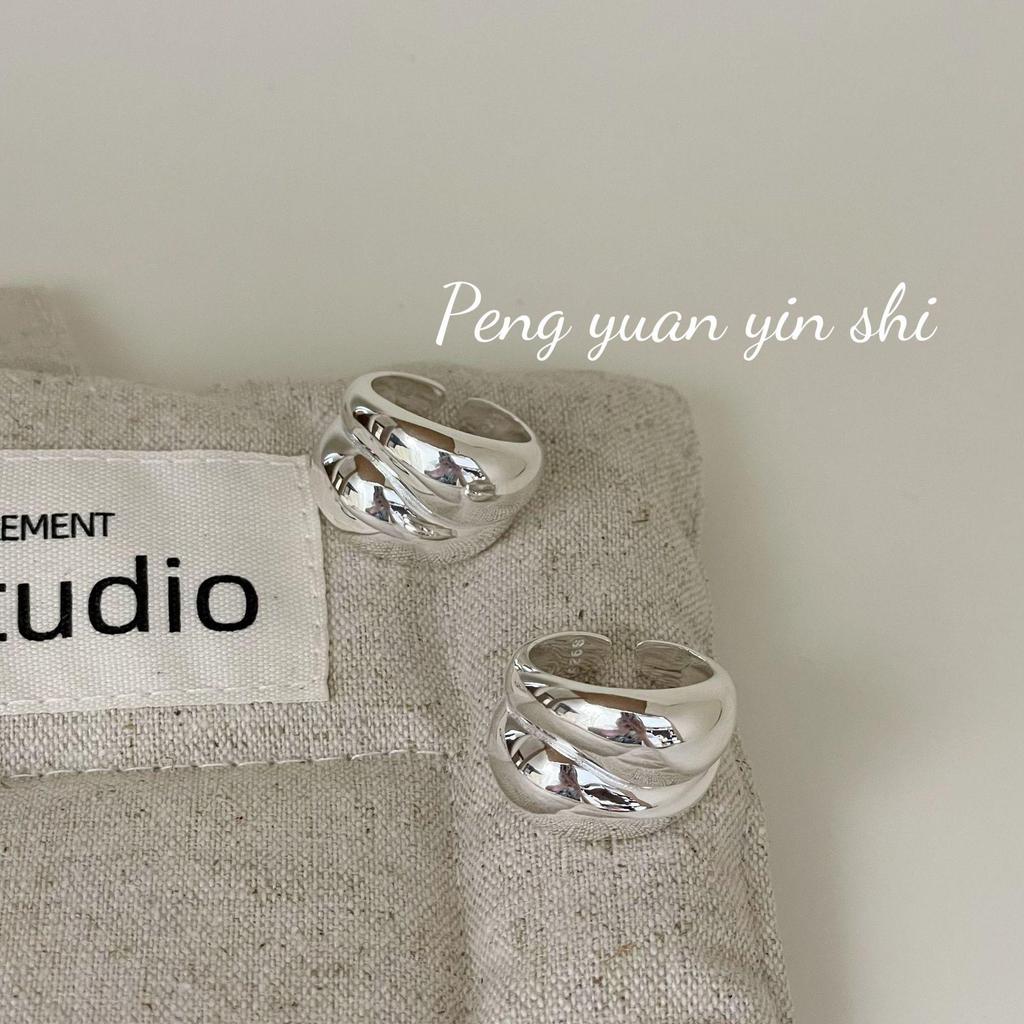 Su Chuang S925 Sterling Silver Double Layer Wide Band Open Ring for Women - Large Polished Surface, Cool Style Index Finger Jewelry.