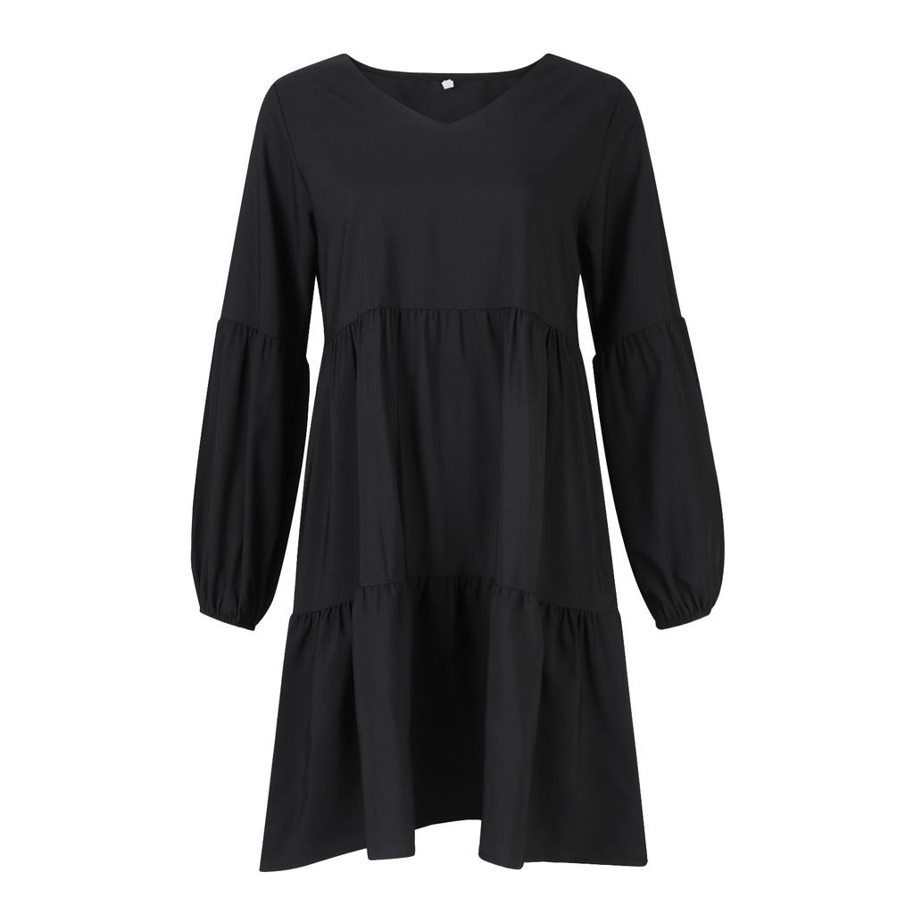 Женская мода с v-образным вырезом, свободные плиссированные качели, однотонные повседневные шифоновые платья