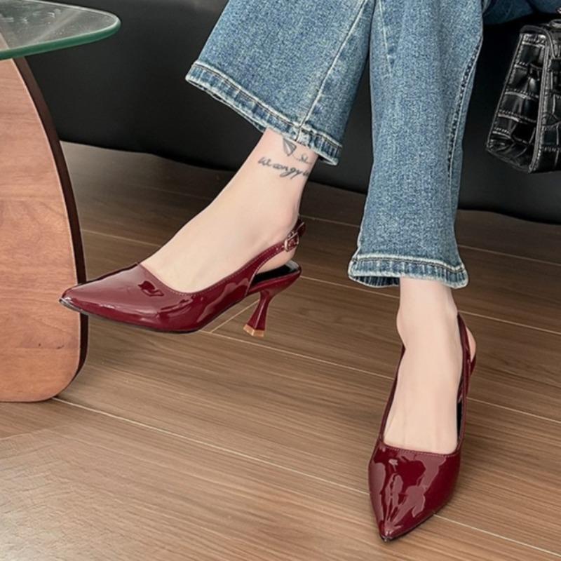 Модные сандалии с закрытым носком из лакированной кожи, женские, весна-лето, новинка, с бантом, на одном ремешке, нескользящие, с острым носком, на высоком каблуке