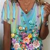 Fashion Women'S T-Shirt 3d Flowers Print Clothing V-Neck Short Sleeve Tops Summer Harajuku Ladies Pullover Oversized Female Tees