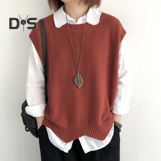 Women Knitted Vest Autumn Winter O Neck Solid Color Wavy Hem Warm Soft Loose Casual Female Ladies Waistcoat Sleeveless Top Knitwear